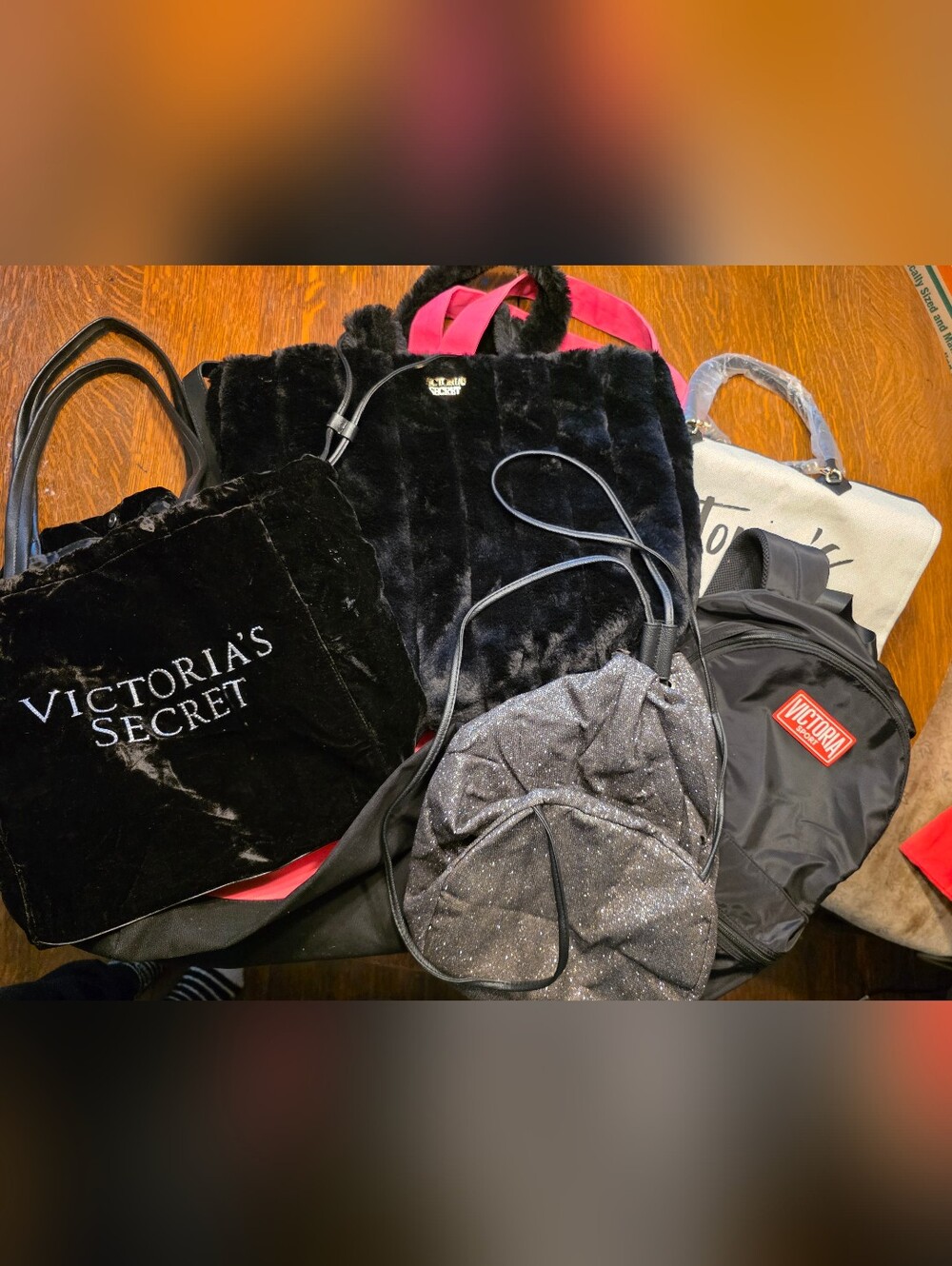 Lot Of 7 Victoria's Secret Black Faux Fur Bags & Canvas Totes Handles